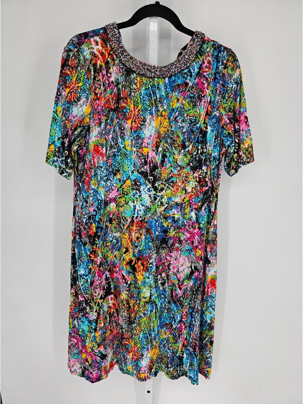 Investments Women Multicolor Round Rhinestone Neck Midi Dress Size PL NEW